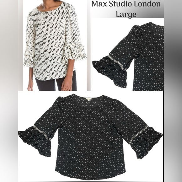 Max Studio London Womens Printed Tunic Blouse Blacl and White Polka Dots Large - Picture 1 of 16
